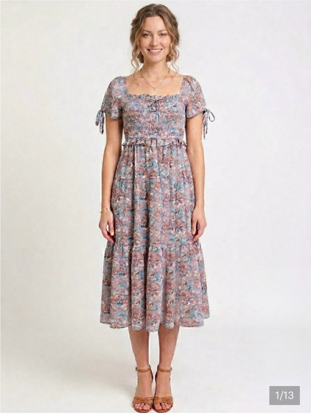 En Saison Floral Midi Dress in Dusty Rose and Blue